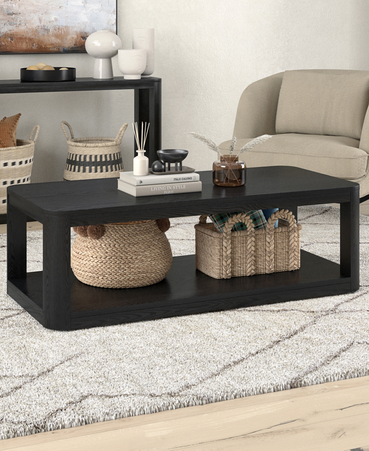 Hudson & Canal Stellan 47" Wood Wide Rectangular Coffee Table In Black