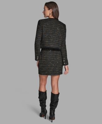 Women's Button-Front Collarless Tweed Jacket