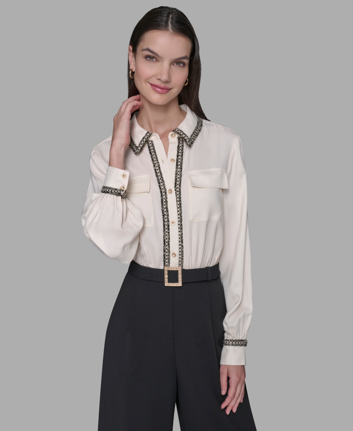 Karl Lagerfeld Paris Women's Collared Long-Sleeve Contrast Jumpsuit