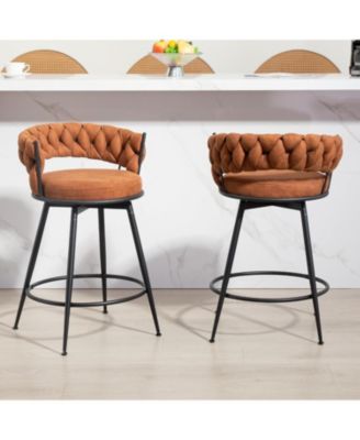 Swivel Bar Stools Set of 2, 24 Inches Modern Counter Height Bar Stools with Woven Back, Upholstered Suede Tall Barstools
