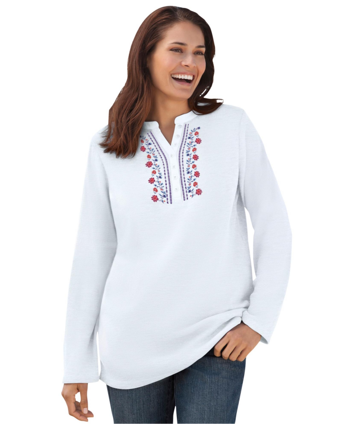 Woman Within Plus Embroidered Thermal Henley Tee