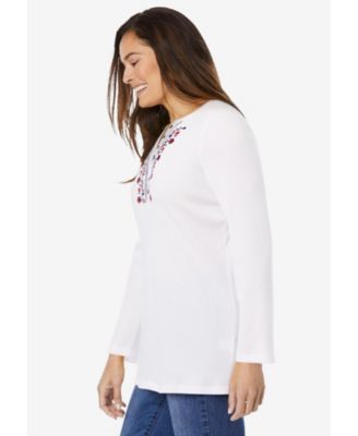 Women's Plus Size Embroidered Thermal Henley Tee