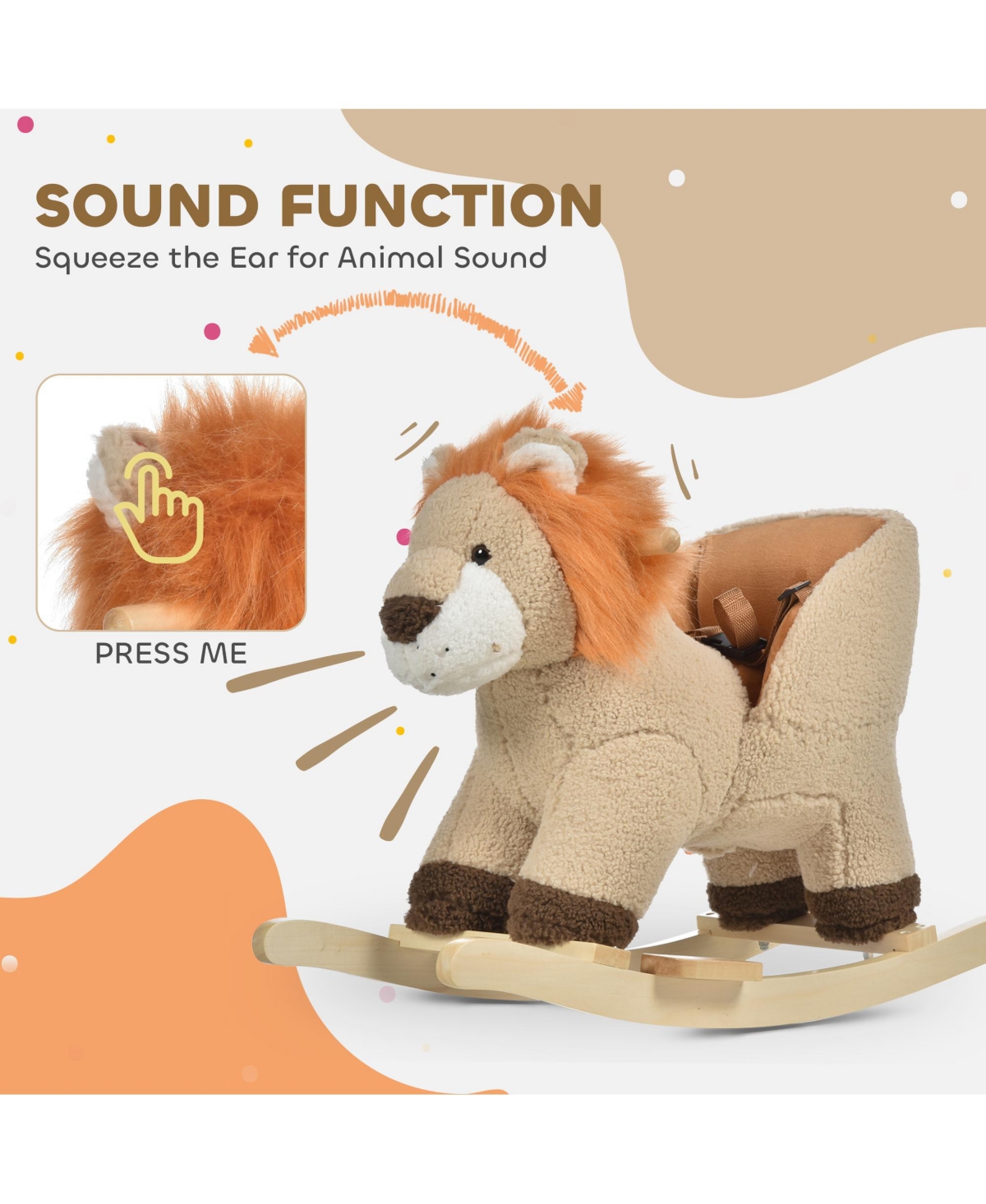 Qaba Baby Rocking Horse Lion with Sound, Plush Stuffed Rocking Animals, Wooden Rocking Horse with Seat Belt for 18-36 Months Boys and Girls Gift, Brow