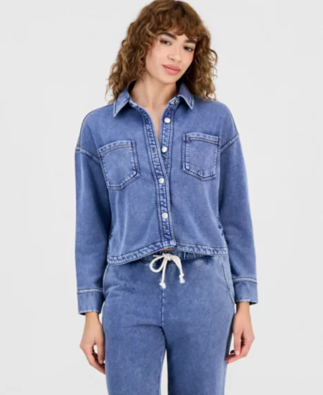Petite Faux-Denim Knit Button-Front Shacket - Denim Blue
