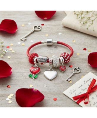 Initials Love Heart Charm Bracelet with  Red Leather and Sterling Silver Clasp