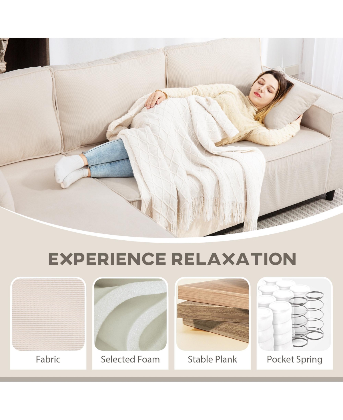 Homcom Chaise Sectional Sofa, Corduroy Fabric Corner Couch,