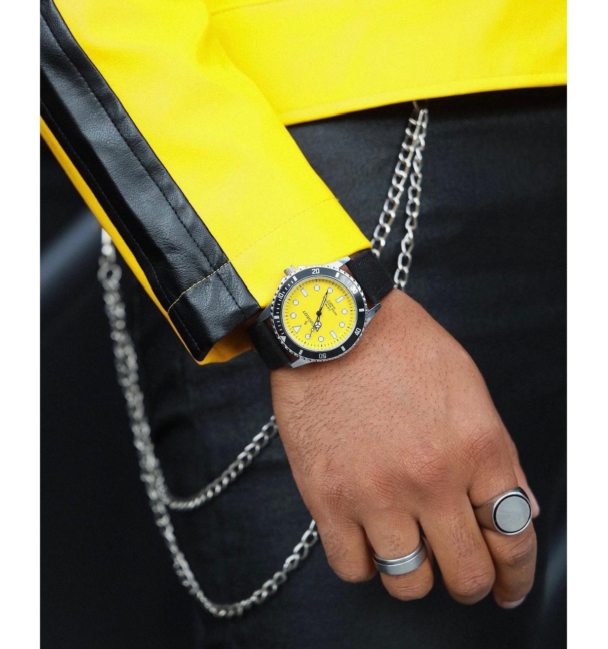 Peugeot Men's Sport Bezel Watch with Yellow Dial and Black Canvas Strap