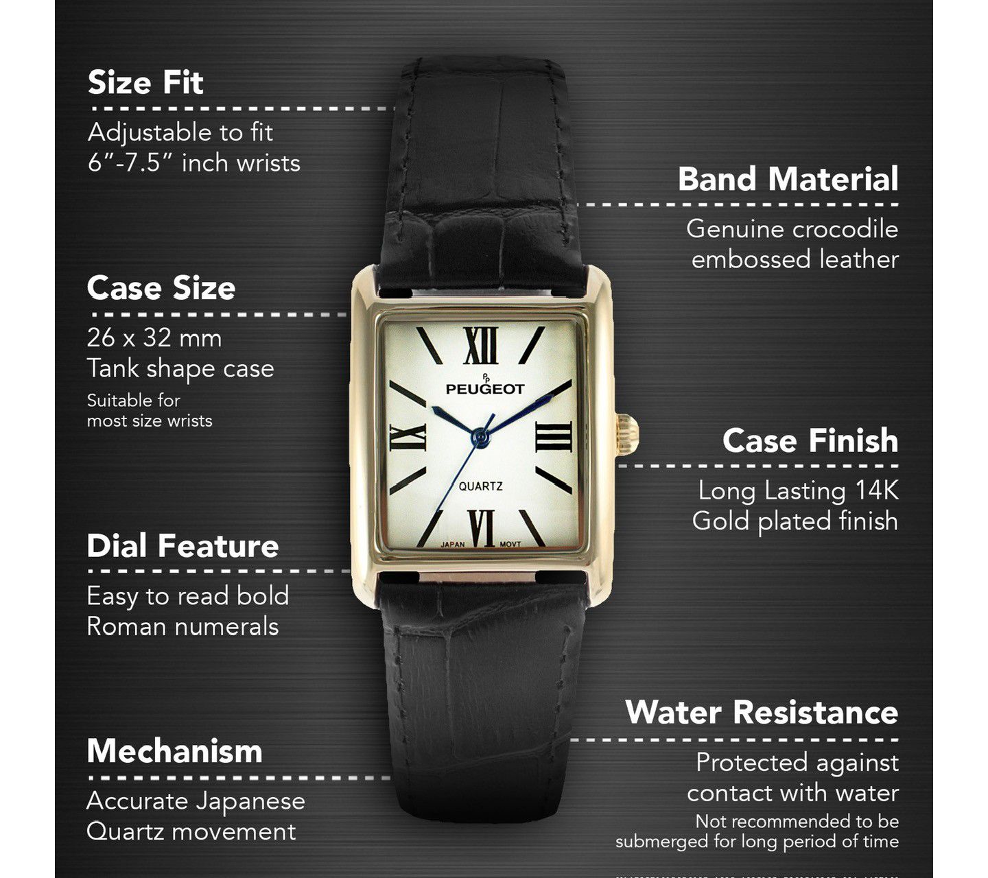 Женские часы Peugeot Tank Watch Roman Dial Black Leather Strap, цвет: Чёрный — фото 4