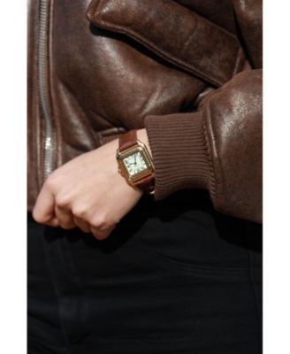Women's 14K Gold-Plated 32mm Tank Shape Brown Leather Strap Watch