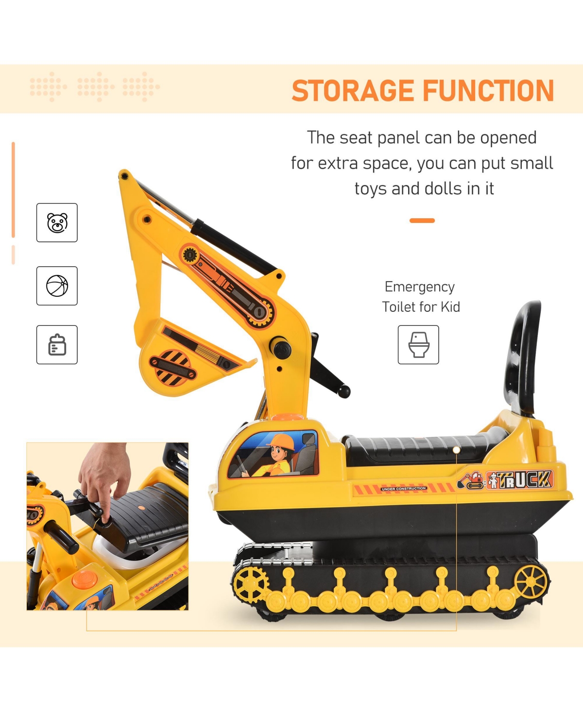 Ride On Excavator Toy, Toddler Construction Truck Walker with Movable Digger, Pretend Play, Basket Storage, Ride On Scooter for Boys and Girls