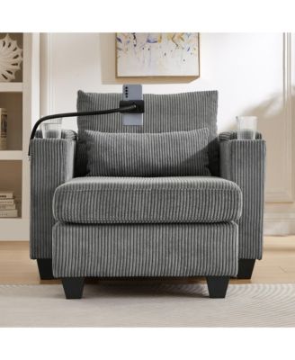 Convertible Chaise Lounge 37.4 Inches Sofa Chair Sofa Bed Corduroy Sleeper with USB Ports , Two Cup Holders, Phone Holder and Ample Storage Space