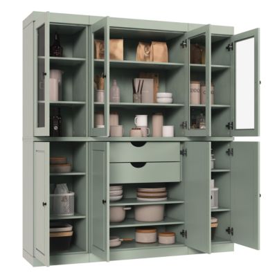 100% Solid Wood Tall Kitchen Pantry Cabinet with Glass and Raised Panel Doors, 2 Drawers