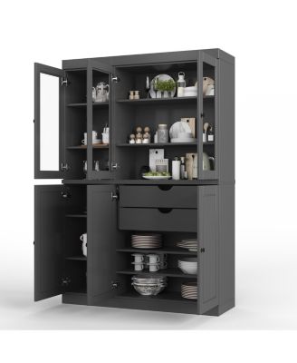 100% Solid Wood Pantry China Cabinet, Clear Glass Doors, Adjustable Shelves, 48.5" Wide, 71.5" Tall