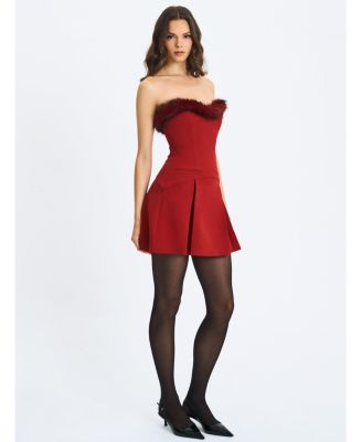 Women's Nalia Crimson Fur Trimmed Sweetheart Mini Dress
