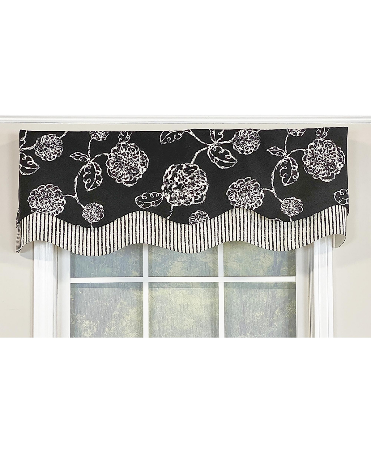 Rlf Home Pouf Floral Glory Valance Black. 3" Rod Pocket, Layered. 50"W X 16"L