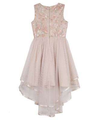 Girls' 7-16 Embellished Mesh Bodice and Tiered Sleeveless Hi-Low Skirt Dress