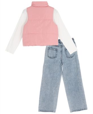 Girls' 7-16 Puffer Vest, Graphic T-Shirt and Distressed Jeans, 3-Piece Set