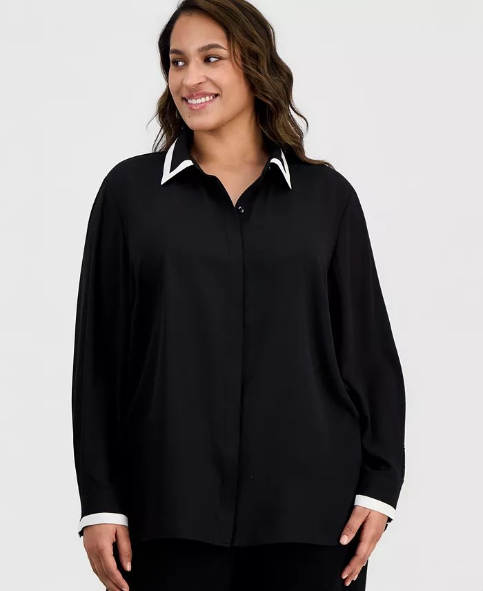 Plus Size Spread-Collar Button-Front Blouse - thumbnail 5
