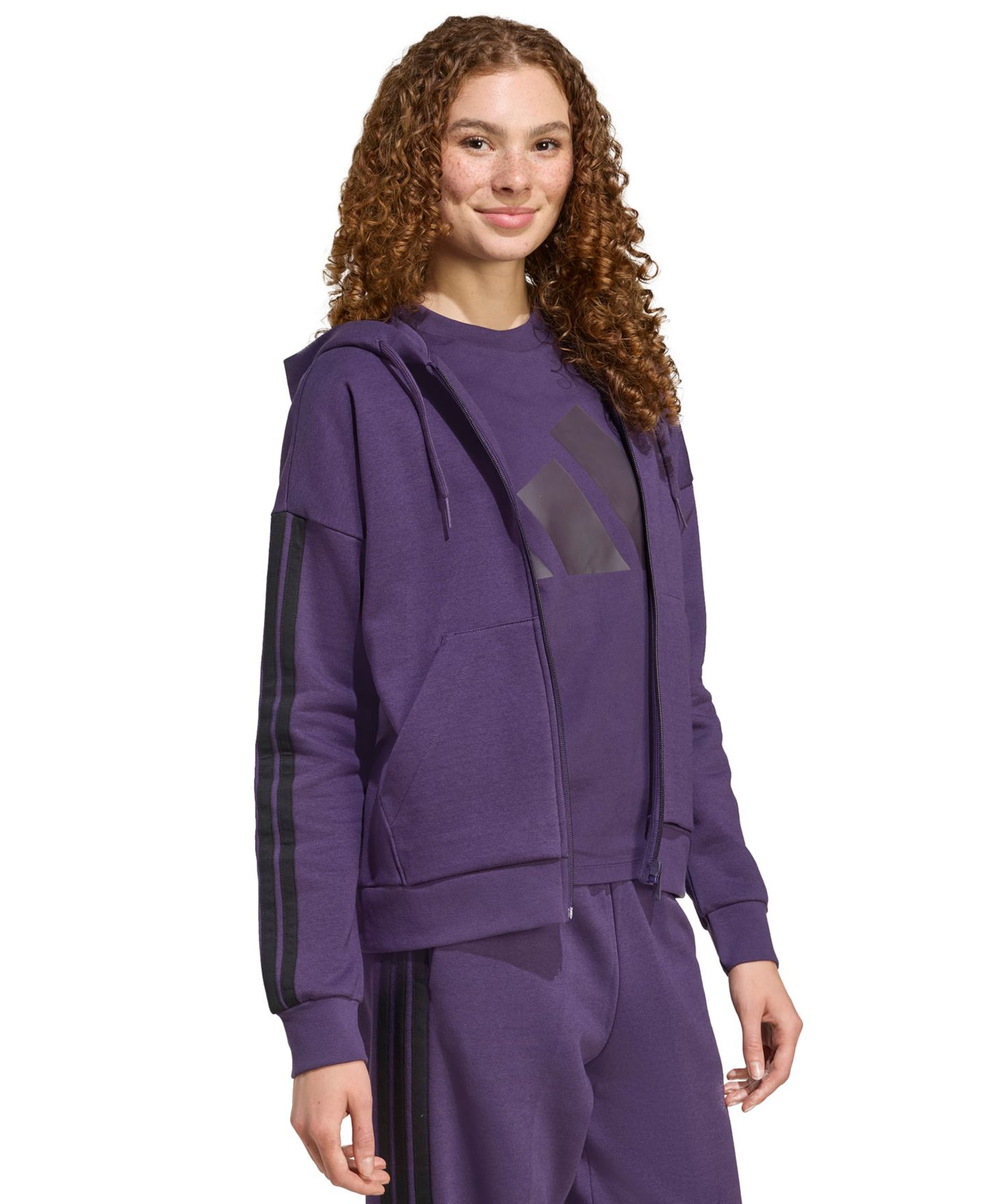 Женское худи adidas 3-Stripe Fleece Full-Zip, цвет: Сливовый / Чёрный — фото 2