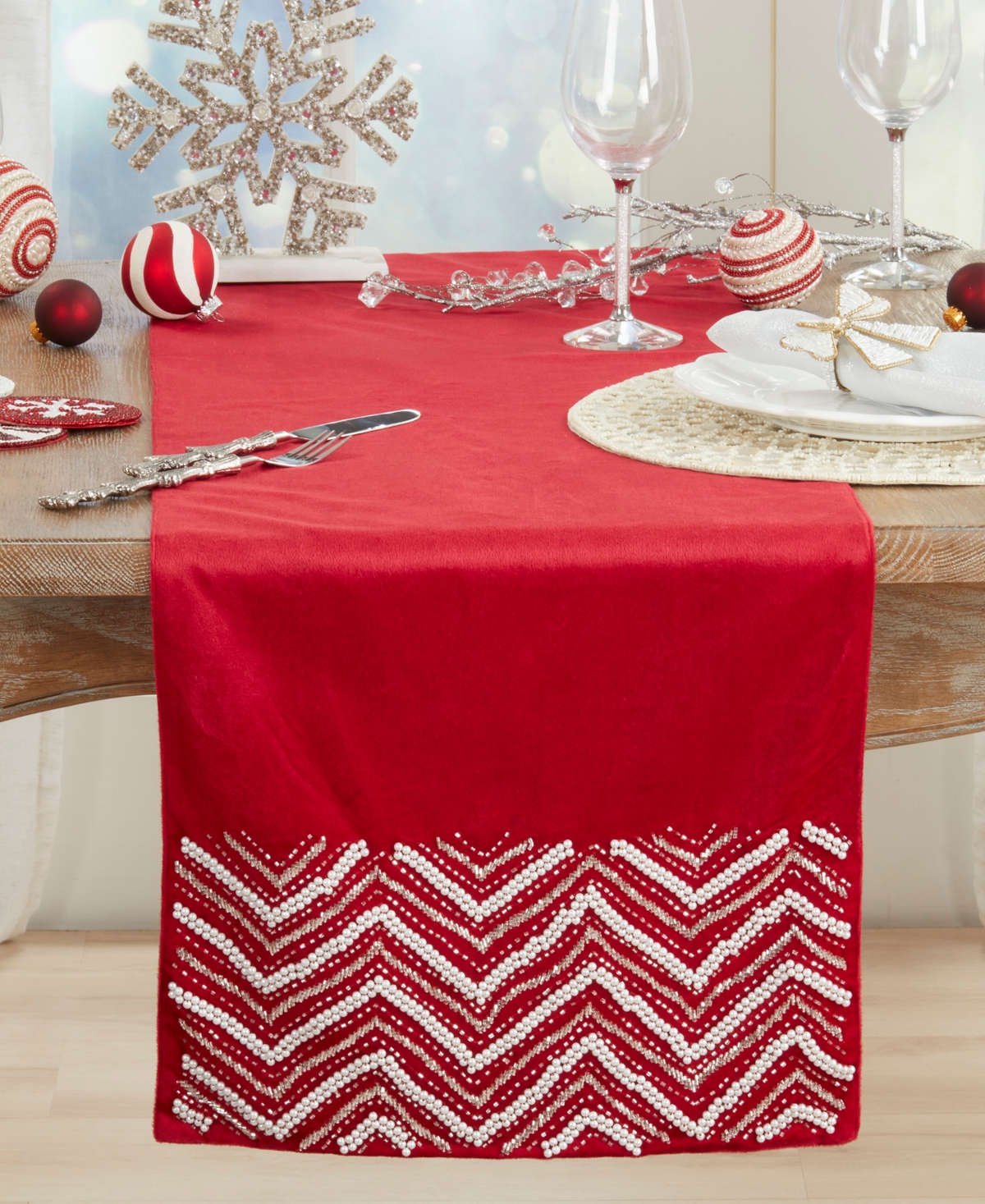 Saro Lifestyle Velvet Beaded Chevron Table Runner, 16" x 72"