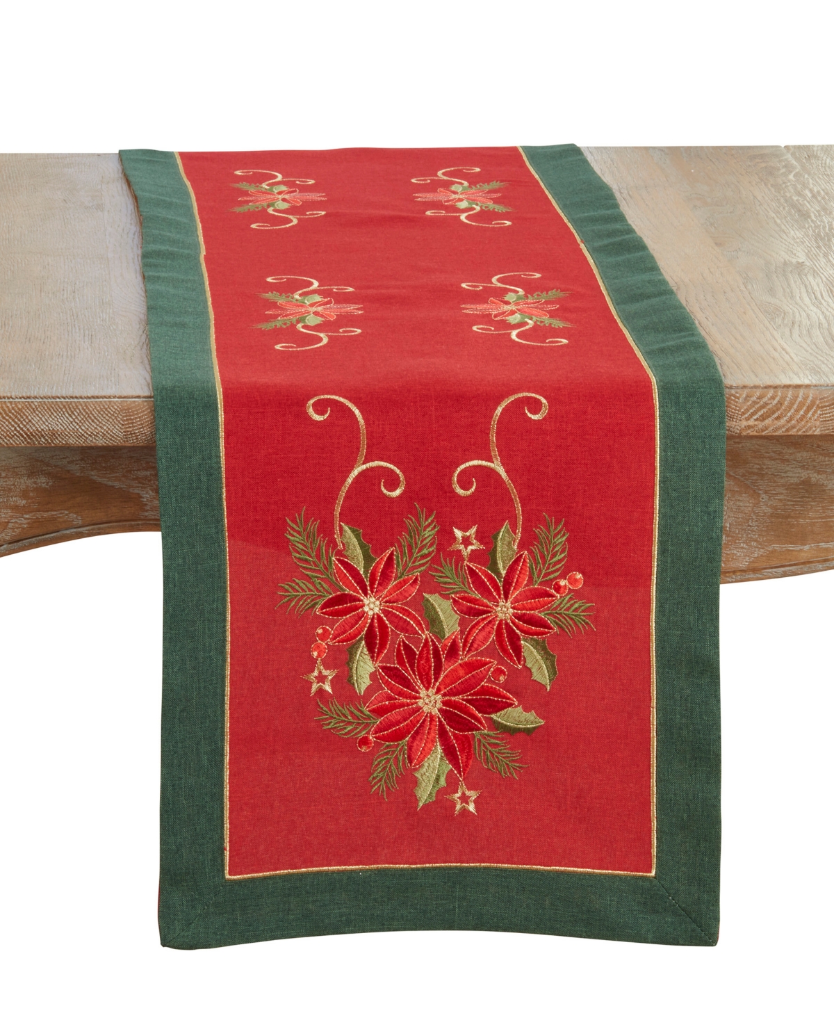 Saro Lifestyle Embroidered Poinsettia Table Runner, 16" X 72" In Red