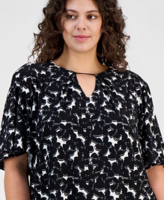 Plus Size Printed Short-Sleeve Keyhole Top