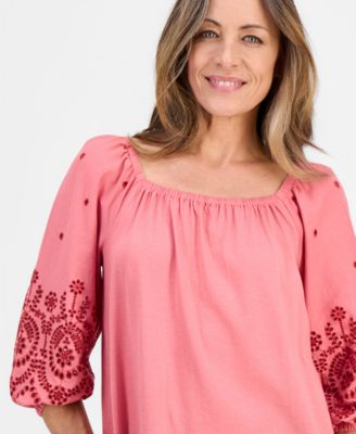 Petite Square-Neck Embroidered 3/4-Sleeve Blouse, Macy's Exclusive 