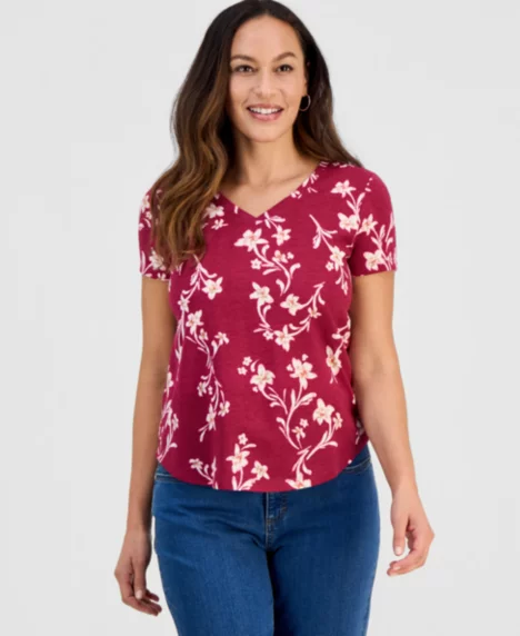 Petite Perfect Printed V-Neck Tee - Dried Berry Combo