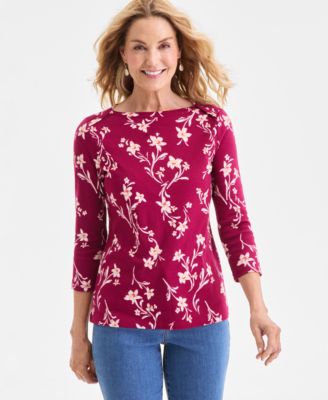 Petite Pima Floral Sketch Boat Neck Top, Macy's Exclusive