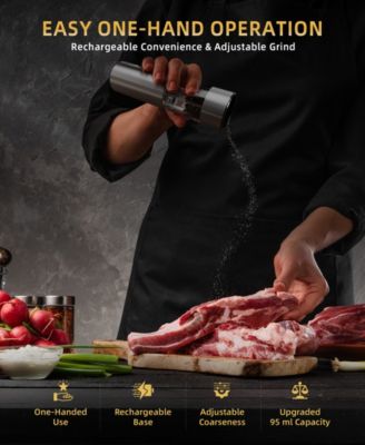 95-ml Rechargeable Electric Salt and Pepper Grinder Set – Stainless Steel Mills with LED Light and Adjustable Coarseness Charging Base