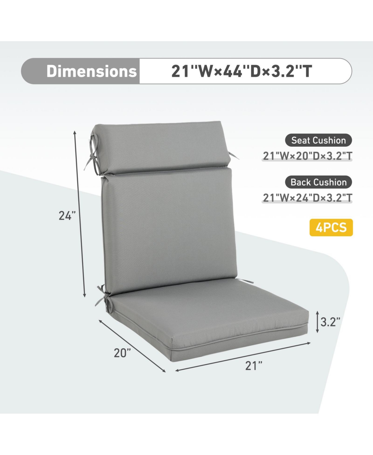 Aoodor 4Pcs Outdoor High Back Dining Chair Cushion Set - 21'' × 44''