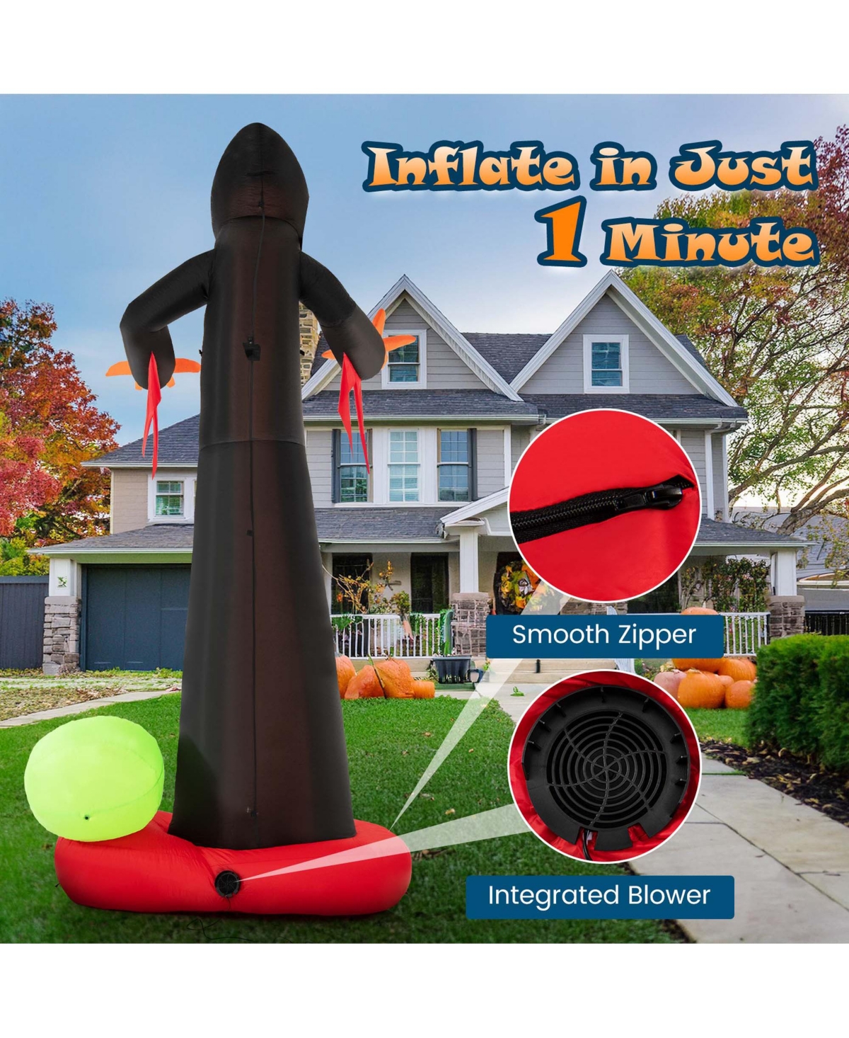 Costway 12 Ft Inflatable Grim Reaper Ghost Large Halloween Inflatables with Built-in Led Lights and Scary Skull