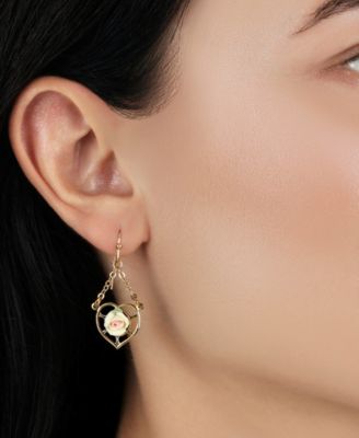 Gold Tone Heart Porcelain Rose Earrings