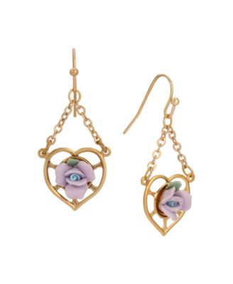 Gold Tone Heart Porcelain Rose Earrings
