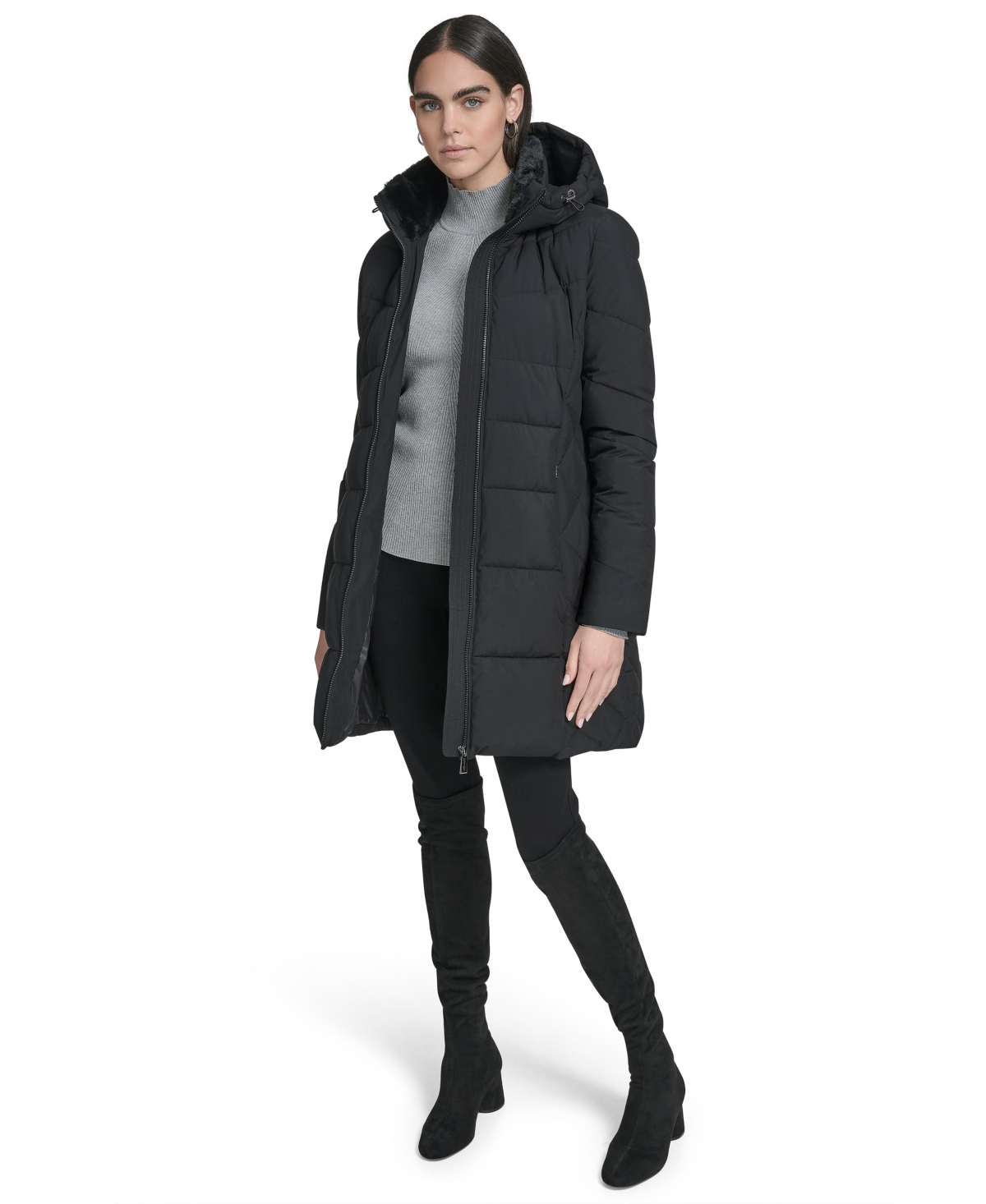 Calvin Klein Women's Collar Hooded Puffer Coat In Black