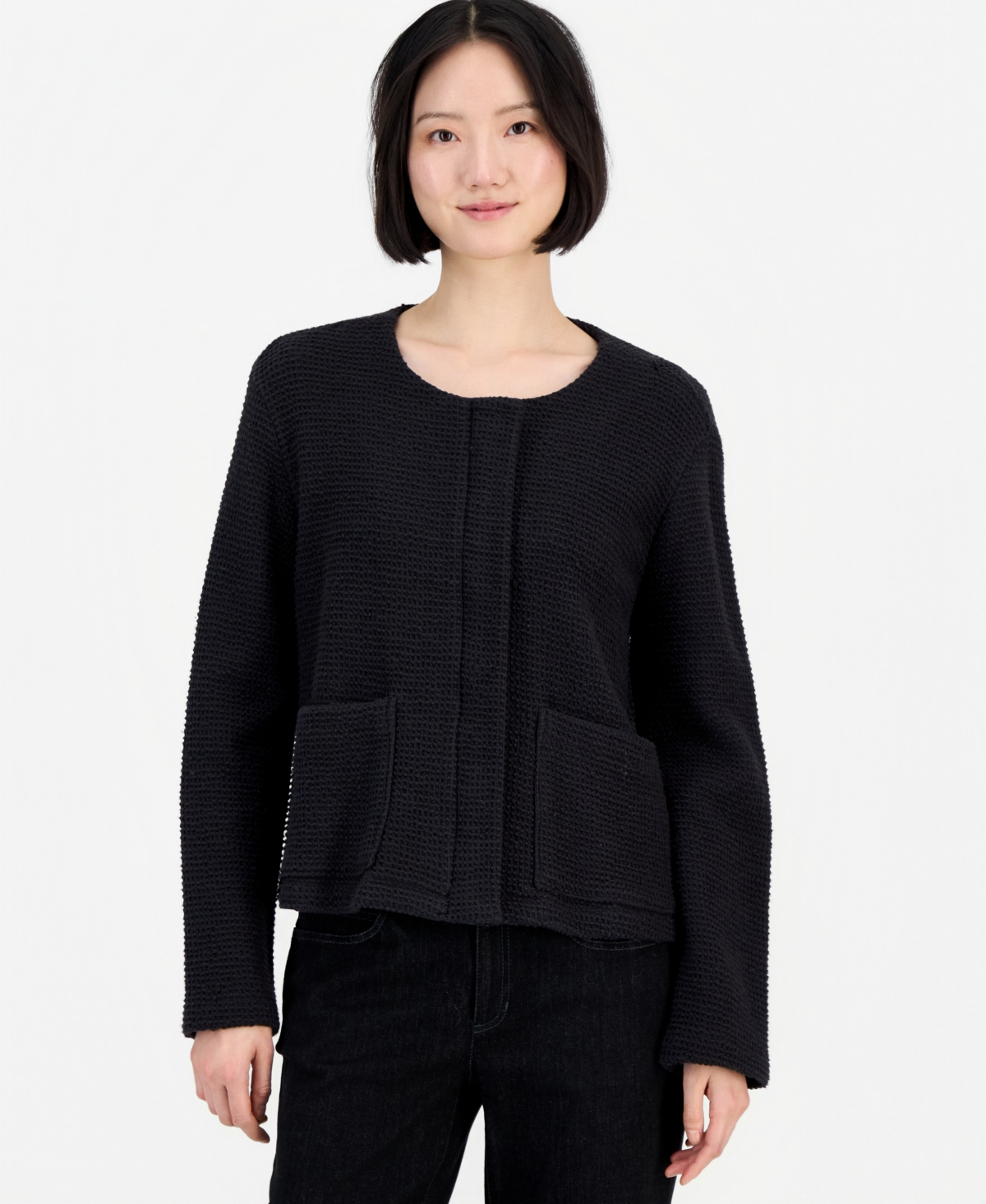 Eileen Fisher Women's Round Neck Cotton Jacket - Black