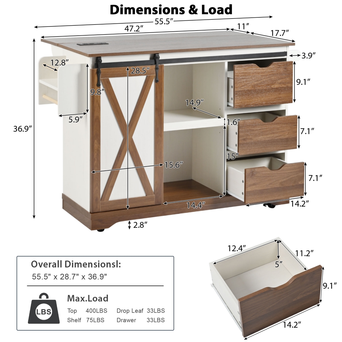 Casainc 55.5" Kitchen Storage Island With Drop Leaf, Barn Door, Power Outlet, Spice Rack (No Stools)