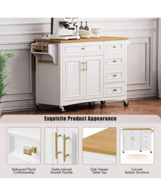 CASAINC 52" Wood Rolling Drop Leaf with Spice Rack, Towel Rack, Doors, Drawers & Adjustable Shelf Kitchen Island