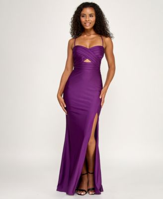 Juniors' Pleated Twist Front Satin Gown