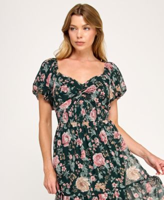 Juniors' Puff Sleeve Twist Front Midi Dress