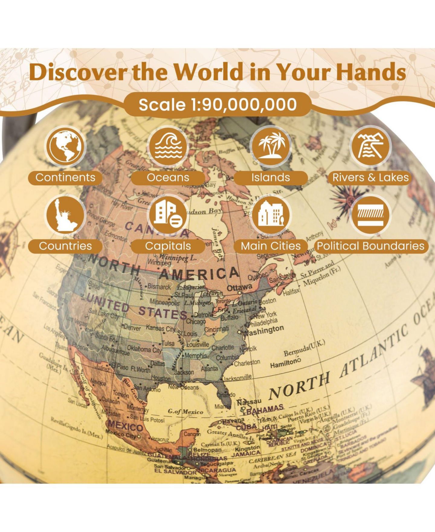 Детская игрушка Mecale Antique Rotating Globe, Geography Learning, Ages 5+, цвет: Коричневый — фото 4