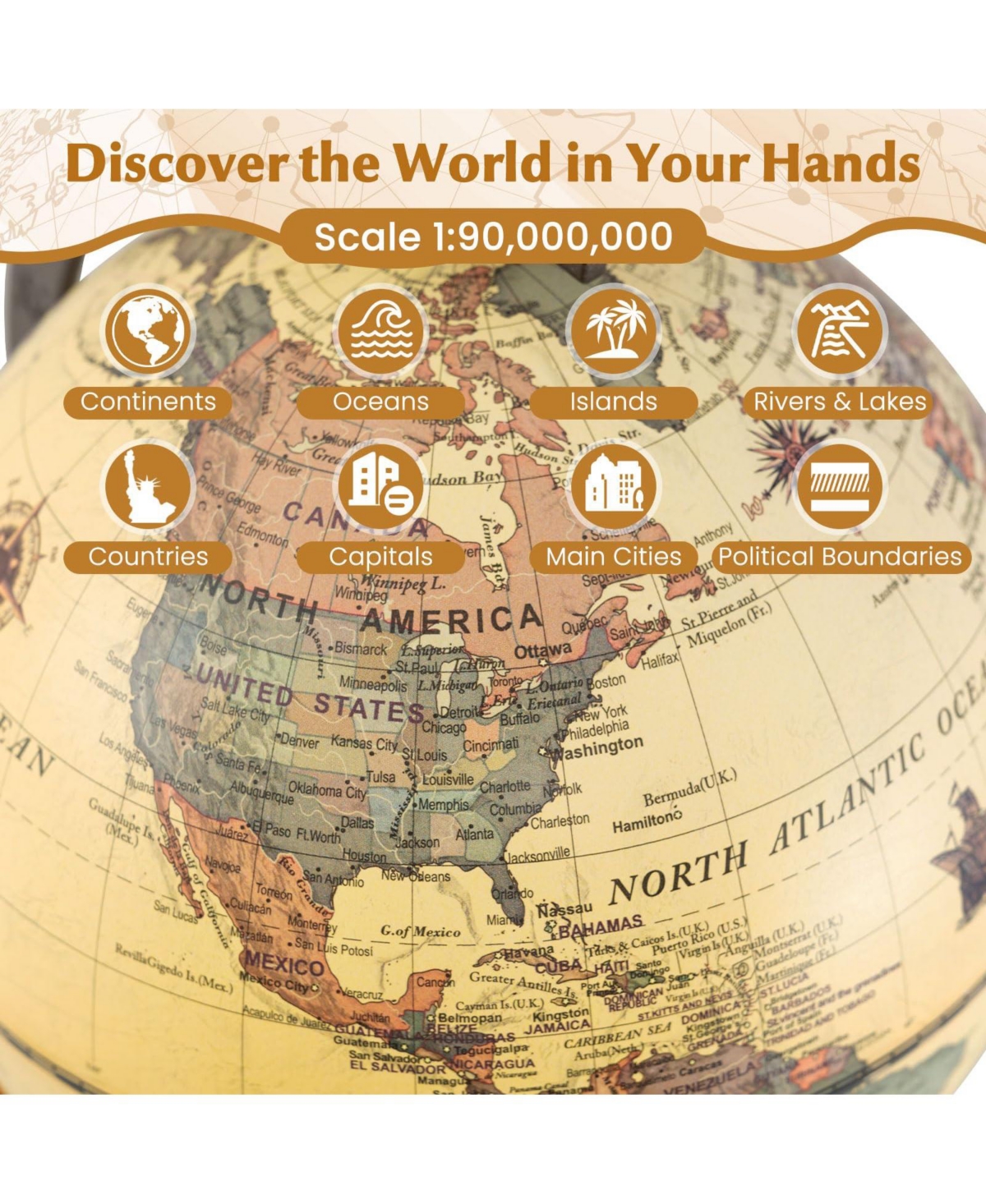 Mecale Antique Globe Dia 5.5 Inch Mini Rotating World Globe with Wooden Base