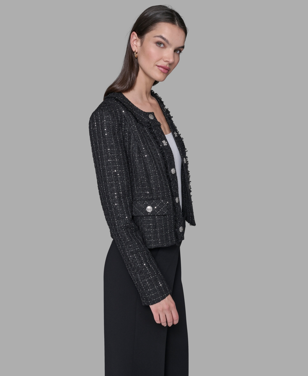 Karl Lagerfeld Women's Cropped Collarless Tweed Jacket In Black