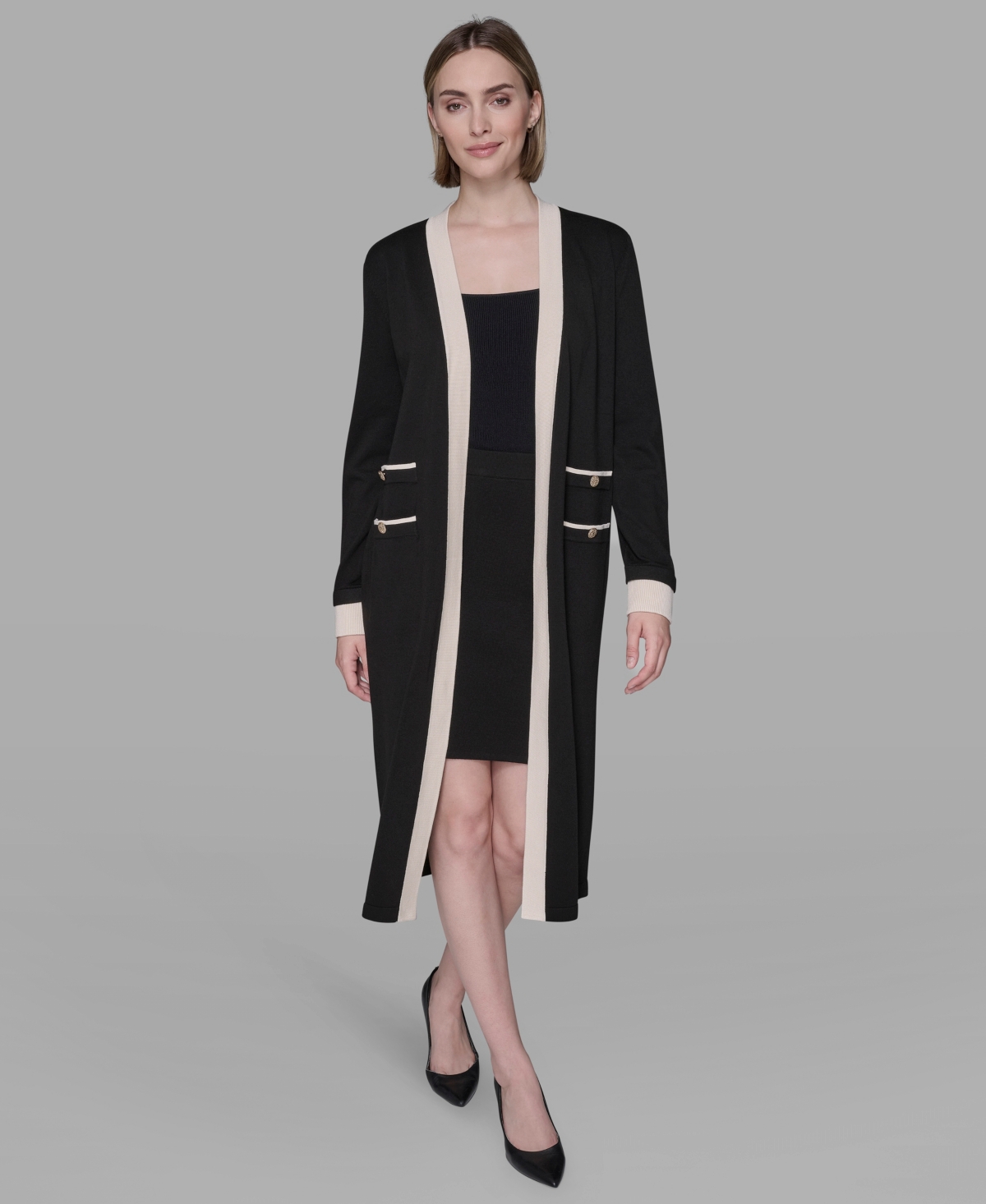 Karl Lagerfeld Framed Long Button Down Cardigan Sweater In Black