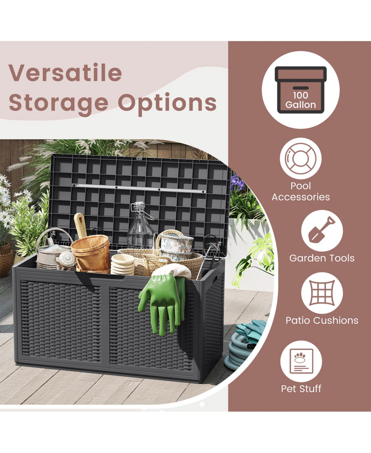 Sugift 100 Gallon Resin Deck Box Outdoor Waterproof Storage Bench-Gray