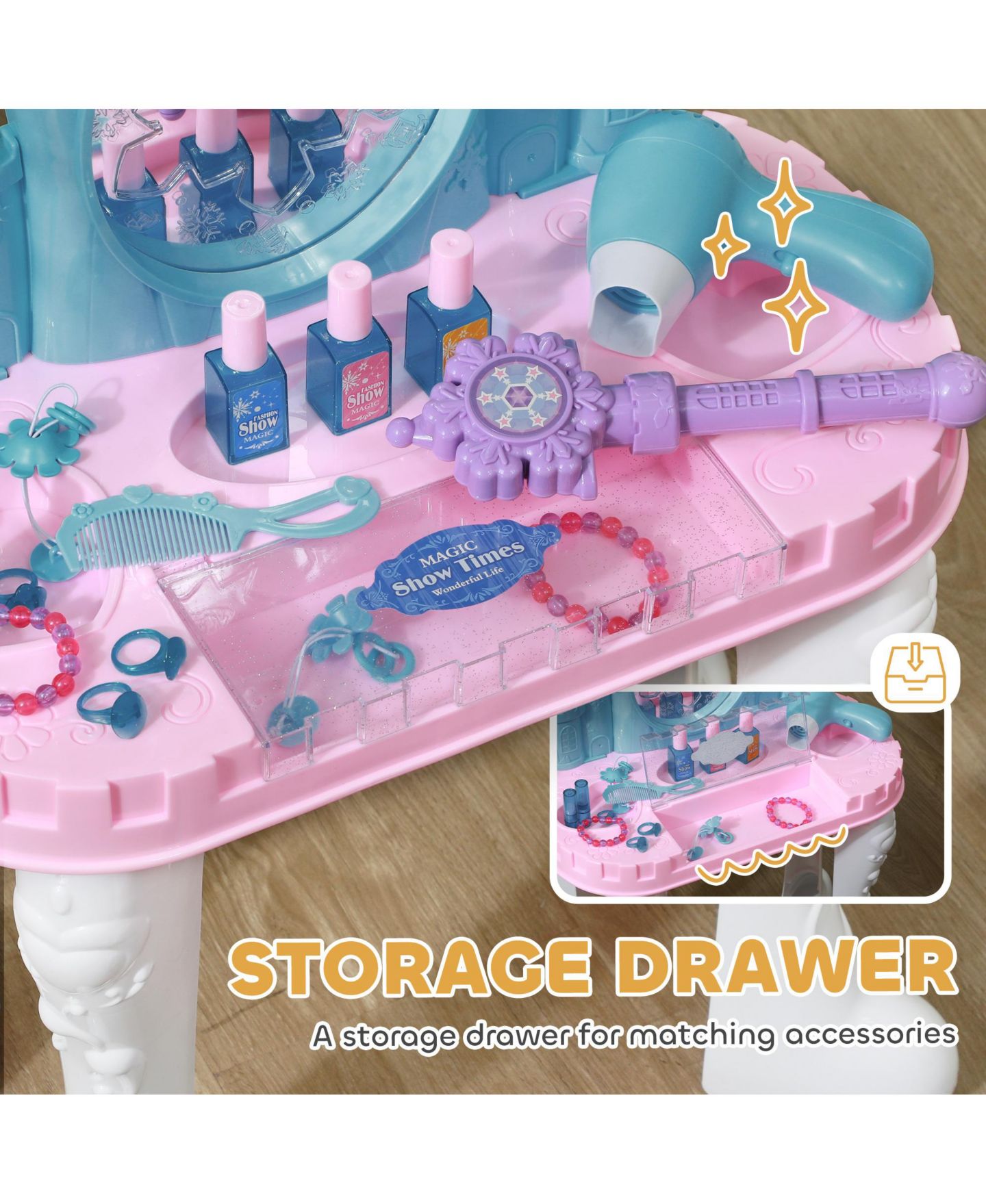 Детские игрушки Qaba Kids Vanity Set with Mirror and Stool, Light, Music, Castle Design, цвет: Разноцветный — фото 5