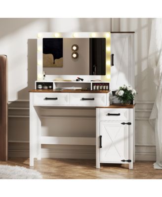 Makeup Vanity with Square Mirror, Tricolor Light & Charger