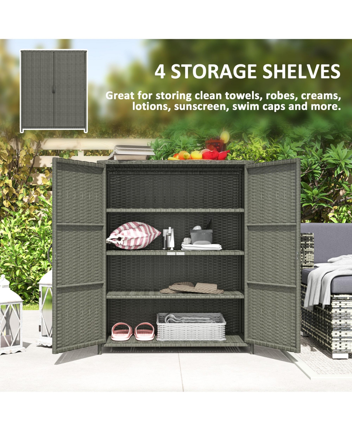 Outsunny Wicker Outdoor Storage Cabinet with Shelves, 2 Doors, Dark