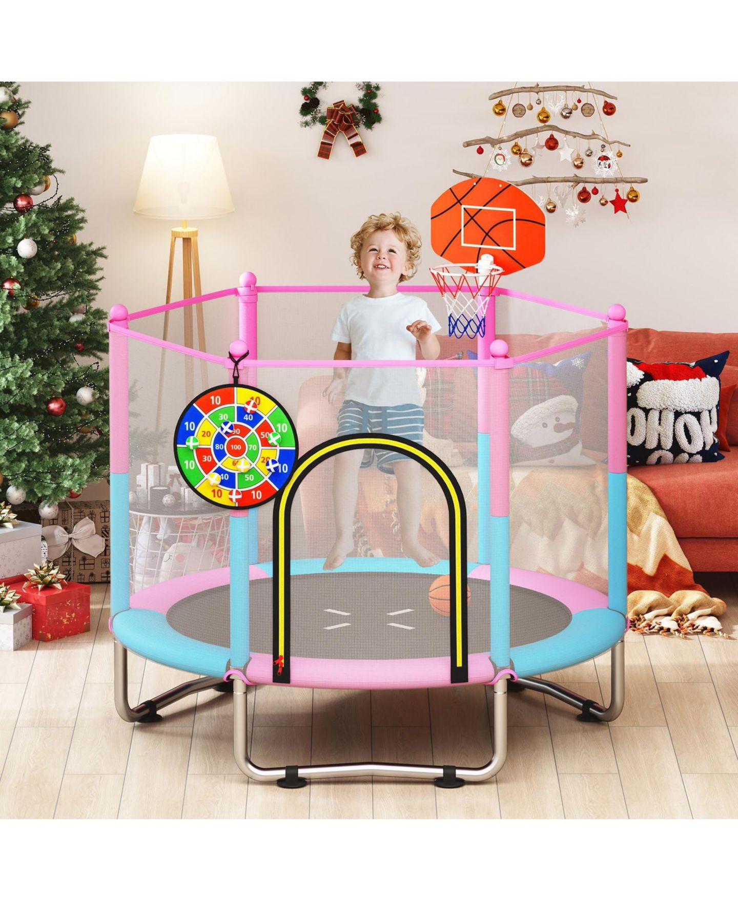 Детская игрушка Mecale 60-Inch 3-in-1 Kids Trampoline with Basketball Hoop, Ages 3-6, цвет: Розовый — фото 9