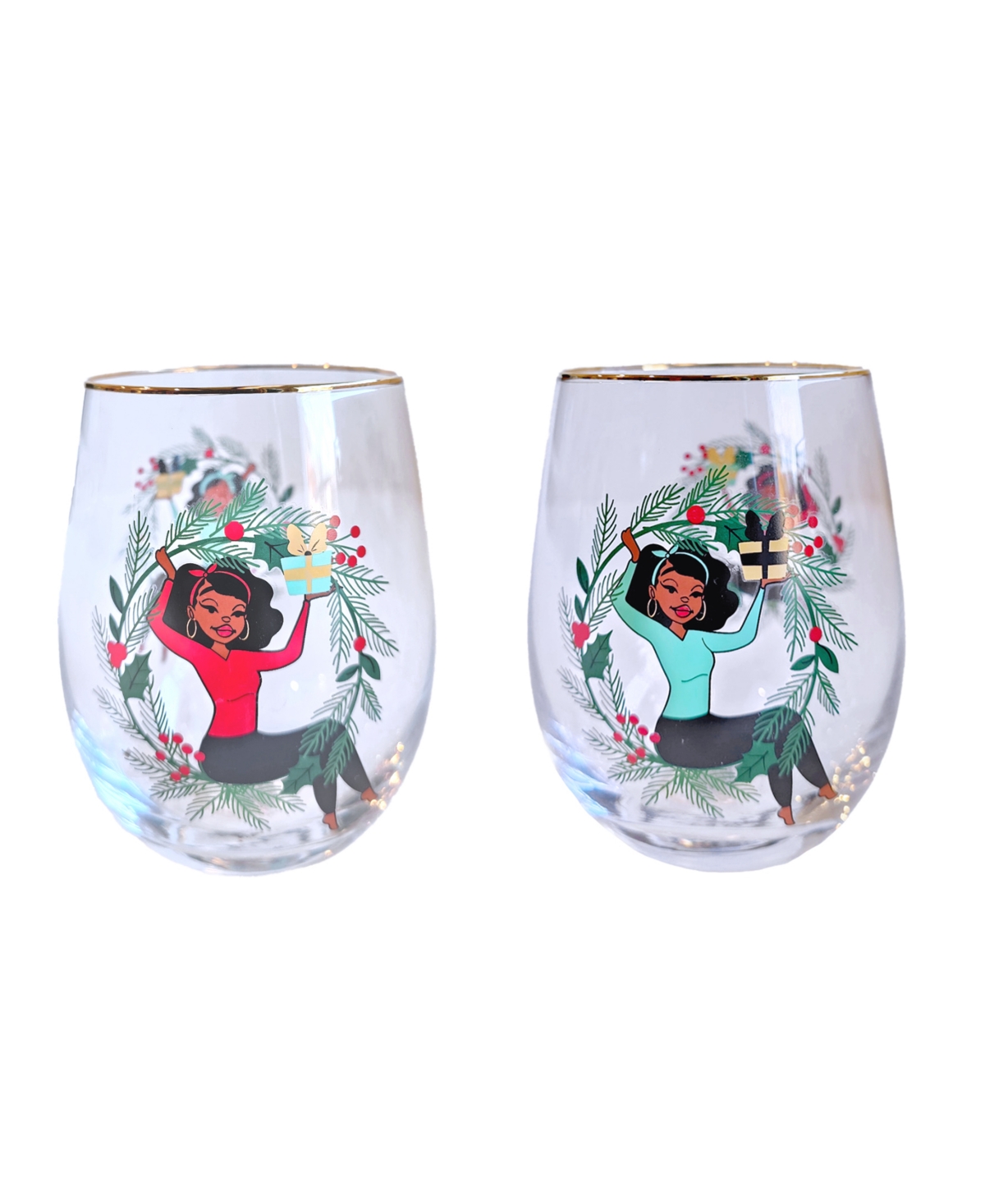 Black Paper Party Shark Tank Holiday Holly Stemless Wine Glasses, Set Of 2 In Multi